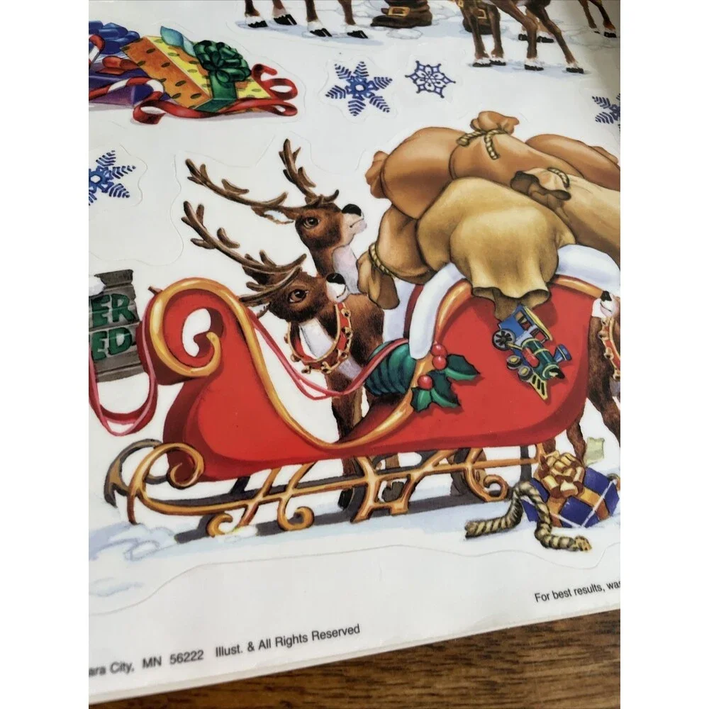 3 Vintage Christmas Vinyl Window Clings Santa Face Reindeer Sleigh Presents CUTE